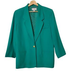 Vintage Talbots Green Blazer Size 14P Rayon Viscose Woven One Button Womens